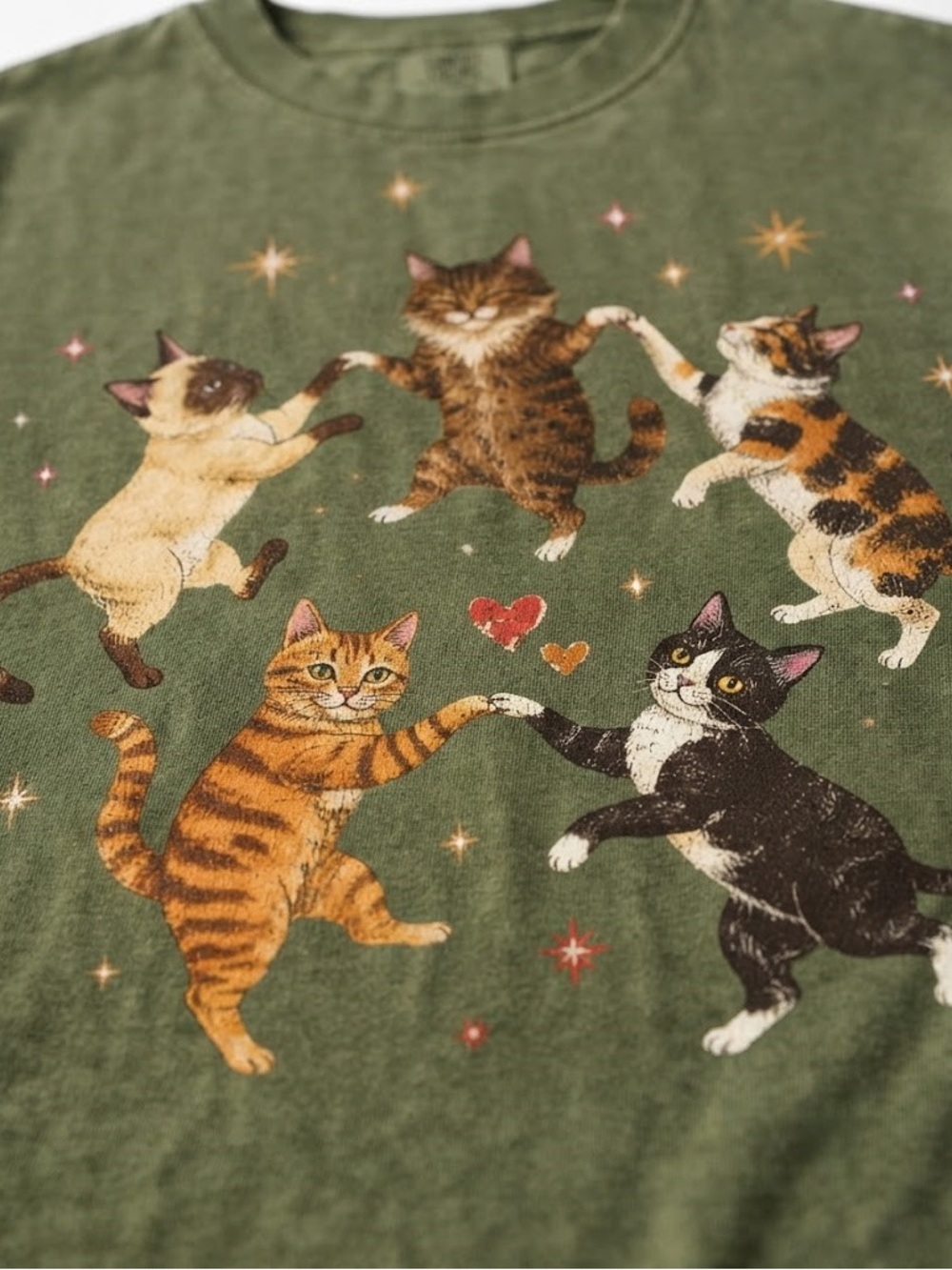 Comfort Colors Moss Green Short Sleeve Tee with Dancing Cat Graphic - Picture 2 of 2
